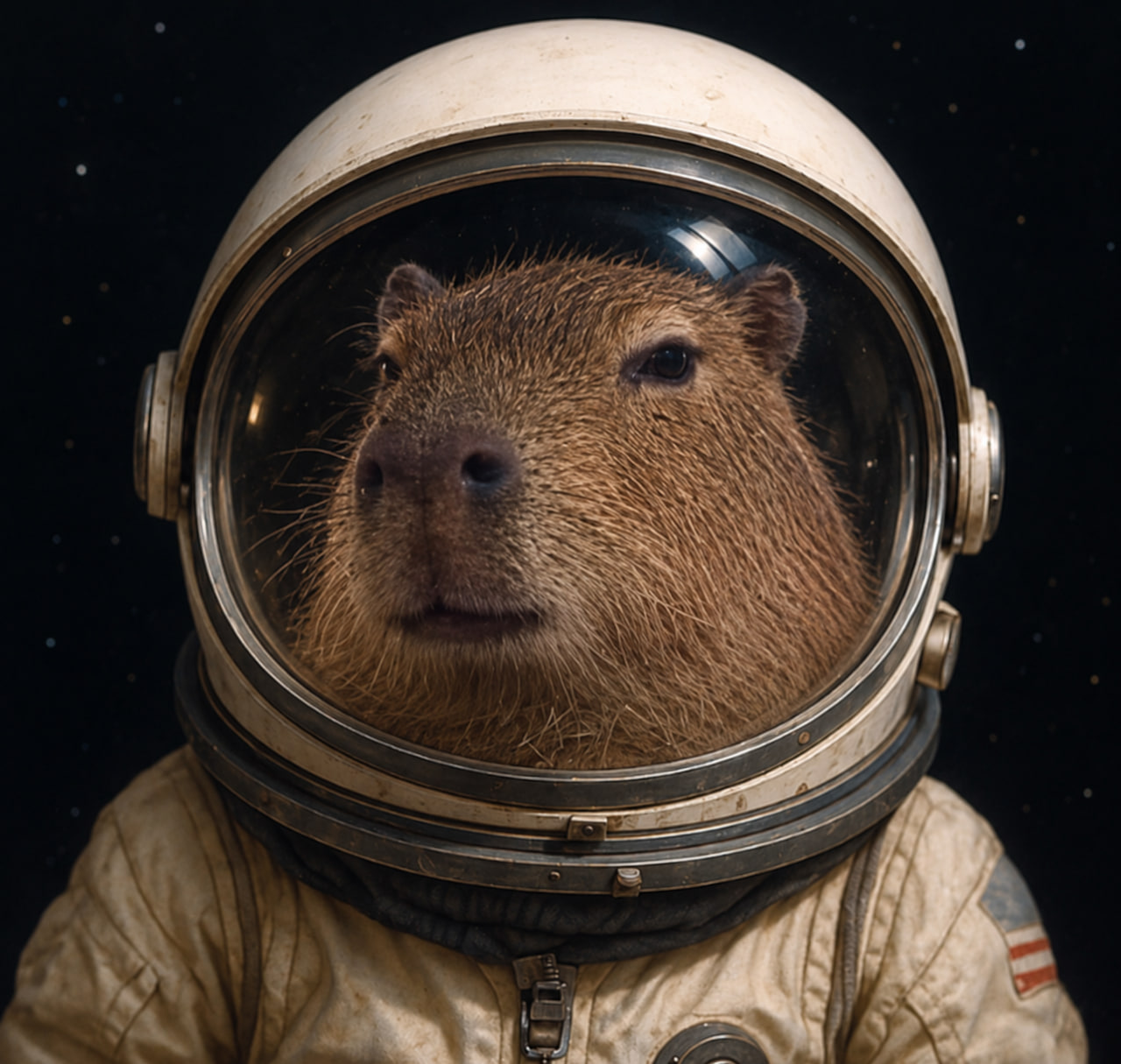 Moon Capybara wearing a weathered ivory astronaut helmet